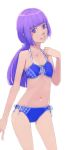  1girl akinbo_(hyouka_fuyou) aoki_reika bangs bikini blue_bikini blunt_bangs breasts cleavage collarbone hair_ribbon halterneck head_tilt highres long_hair looking_at_viewer navel ponytail precure purple_hair ribbon simple_background small_breasts smile_precure! solo standing swimsuit violet_eyes white_background white_ribbon 