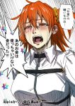  1girl breasts chaldea_uniform commentary_request crying crying_with_eyes_open fate/grand_order fate_(series) fujimaru_ritsuka_(female) hair_ornament hair_scrunchie kishizuka_kenji open_mouth orange_eyes orange_hair orange_scrunchie saint_quartz scrunchie side_ponytail tears translation_request 