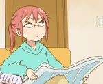  1girl aqua_hoodie chair confused door elbow_on_another&#039;s_head furrowed_eyebrows glasses grey_hair hood hoodie indoors kanna_kamui kobayashi-san_chi_no_maidragon kobayashi_(maidragon) kyoto_animation legs_crossed lowres meme newspaper no_nose parody pink_hair sitting tokyo_mx tom tom_and_jerry warner_bros 