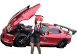  &gt;:) 1girl 3books absurdres armband arms_behind_back bat_wings black_legwear breasts car commentary_request cowboy_shot demon_tail dodge_viper dress_shirt ground_vehicle head_wings highres juliet_sleeves koakuma large_breasts long_hair long_sleeves looking_at_viewer low_wings motor_vehicle open_hood pantyhose puffy_sleeves red_eyes red_neckwear redhead shirt sidelocks simple_background skirt skirt_set solo tail touhou vest white_background white_shirt wings 