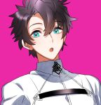  1boy blue_eyes brown_hair collared_jacket eyebrows_visible_through_hair fate/grand_order fate_(series) fujimaru_ritsuka_(male) hair_between_eyes heart heart-shaped_pupils jacket looking_at_viewer male_focus pink_background simple_background solo symbol-shaped_pupils tenobe upper_body white_jacket wing_collar 