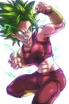 1girl abs aqua_eyes arm_up armpits bracelet breasts clenched_hand clenched_teeth dragon_ball dragon_ball_super earrings eyelashes fighting_stance fingernails green_hair grin jewelry kefla_(dragon_ball) leg_up looking_away potara_earrings red_shirt shaded_face shirt short_hair simple_background sleeveless sleeveless_shirt smile solo spiky_hair st62svnexilf2p9 tank_top teeth upper_body white_background
