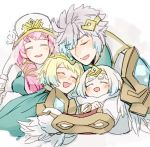  1boy blonde_hair blue_hair breasts brother_and_sister dress earrings feather_trim fire_emblem fire_emblem_heroes fjorm_(fire_emblem_heroes) fur_trim gradient gradient_hair gunnthra_(fire_emblem) hrid_(fire_emblem_heroes) hug jewelry long_hair long_sleeves multicolored_hair nintendo nonomori_(anst_nono) open_mouth pink_hair short_hair siblings simple_background sisters smile thigh-highs tiara veil violet_eyes white_hair ylgr_(fire_emblem_heroes) 