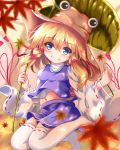  1girl autumn_leaves bangle blonde_hair blue_eyes blue_skirt blue_vest blurry blush bracelet breasts commentary_request curled_fingers depth_of_field eyebrows_visible_through_hair folded_leg grin hair_between_eyes hair_ribbon hat head_tilt holding jewelry jumping leaf leaf_umbrella long_sleeves maple_leaf medium_hair midriff moriya_suwako navel no_shoes orange_sky outdoors over-kneehighs ribbon ribbon-trimmed_legwear ribbon_trim shirt sidelocks skirt sky small_breasts smile solo teeth thigh-highs touhou twilight unory vest white_legwear white_shirt wide_sleeves 