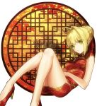  1girl ahoge akamakoto bangs blonde_hair breasts china_dress chinese_clothes cleavage_cutout dress eyebrows_visible_through_hair fate/extra fate_(series) green_eyes high_heels looking_at_viewer medium_breasts nero_claudius_(fate) nero_claudius_(fate)_(all) open_mouth print_dress pumps red_dress red_footwear short_dress sidelocks simple_background sitting sleeveless sleeveless_dress solo tied_hair white_background 