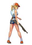  1girl absurdres baseball_cap blonde_hair blood blood_splatter blue_shorts chanta_(ayatakaoisii) closed_mouth copyright_request finger_on_trigger from_behind full_body gun hat highres holding holding_gun holding_weapon orange_footwear shirt shoes short_shorts shorts shotgun socks solo weapon white_legwear white_shirt yellow_eyes 