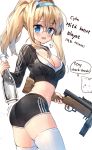  1girl adidas ass bangs black_jacket black_shorts blonde_hair blue_eyes blue_hairband blush bottle breasts cleavage commentary_request cropped_jacket eyebrows_visible_through_hair girls_frontline gun hair_between_eyes hair_ornament hairband highres holding holding_bottle holding_gun holding_weapon jacket long_hair medium_breasts object_namesake russian short_shorts shorts skindentation snowflake_hair_ornament solo submachine_gun suomi_kp/-31 suomi_kp31_(girls_frontline) tandohark thigh-highs translation_request transparent twintails weapon white_legwear 