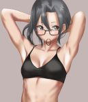 1girl amagiri_(kantai_collection) black_bra bra breasts glasses grey_background grey_eyes grey_hair hair_between_eyes highres kantai_collection looking_at_viewer ponytail simple_background small_breasts solo tama_(seiga46239239) underwear 