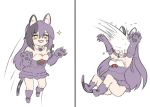  1girl animal_ears black_hair cat_ears cat_tail cheshire_cat_(monster_girl_encyclopedia) chibi claws commentary english_commentary eyebrows_visible_through_hair grin hair_between_eyes in_the_face long_hair monster_girl monster_girl_encyclopedia multicolored_hair nav parody paws photo-referenced purple_hair simple_background smile snowball sparkle striped_tail tail two-tone_hair very_long_hair white_background yellow_eyes 
