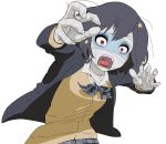  1girl bandage black_hair bow hair_between_eyes hair_ornament jacket long_sleeves messy_hair mizuno_ai open_mouth outstretched_arms pettan plaid plaid_skirt red_eyes ribbon school_uniform screaming short_hair skirt sweater_vest zombie zombie_land_saga zombie_pose 