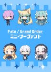  6+girls :d abigail_williams_(fate/grand_order) ahoge animal_ears armored_boots armored_leotard atalanta_(fate) bandage bandaged_arm bandages bangs black_bow black_capelet black_dress black_footwear black_gloves black_hat black_legwear black_panties black_shirt blonde_hair bloomers blue_eyes blue_gloves blue_kimono blue_legwear blue_skirt blush book boots bow breasts brown_eyes bug butterfly capelet cat_ears cat_girl cat_tail chibi closed_mouth commentary_request copyright_name dagger dragon_horns dress elbow_gloves eyebrows_visible_through_hair facial_scar fate/apocrypha fate/extra fate/grand_order fate_(series) frilled_dress frills fur-trimmed_capelet fur_trim gloves gothic_lolita gradient_hair green_eyes green_hair hair_between_eyes hair_bow hair_over_one_eye hat highres holding holding_dagger holding_weapon horns insect jack_the_ripper_(fate/apocrypha) japanese_clothes kimono kiyohime_(fate/grand_order) leotard lolita_fashion long_hair long_sleeves mash_kyrielight medium_breasts milkpanda multicolored_hair multiple_girls navel nursery_rhyme_(fate/extra) open_mouth orange_bow panties parted_bangs pink_hair pleated_skirt polka_dot polka_dot_bow puffy_long_sleeves puffy_sleeves purple_leotard scar scar_on_cheek shirt silver_hair single_glove skirt sleeveless sleeveless_shirt sleeves_past_fingers sleeves_past_wrists small_breasts smile sparkle standing striped striped_bow tail thigh-highs thigh_boots underwear very_long_hair violet_eyes weapon white_bloomers white_legwear wide_sleeves 