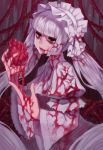 1girl absurdres blood blood_on_face bloody_clothes bloody_dress bloody_hands bow commentary doku-chan_(dokkudokudoku) dress english_commentary gothic_lolita hairband hands_up highres holding_heart lips lolita_fashion long_hair long_sleeves looking_at_viewer original parted_lips solo very_long_hair white_bow white_dress white_hair white_hairband white_headdress yandere 
