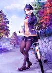  1girl autumn_leaves bicycle black_hair black_legwear black_skirt blue_eyes blue_sky bow brown_footwear day fence ground_vehicle hand_up highres konekoneko_(indonesia) long_hair looking_at_viewer original outdoors pantyhose red_bow road school_uniform sidewalk skirt sky standing sweater tree 