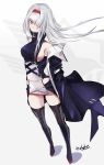  1girl azur_lane boots breasts coat colorado_(azur_lane) commentary cross-laced_footwear full_body high_collar looking_at_viewer red_eyes sideboob solo standing strap thigh-highs thigh_boots white_background white_hair zettai_ryouiki zhzhrs 