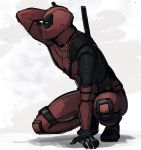  1boy commentary deadpool deadpool_(movie) deadpool_2 from_side full_body highres holding holding_weapon male_focus marvel mask simple_background solo weapon white_background yamashiki_(orca_buteo) 