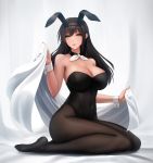  1girl animal_ears bangs bare_shoulders bed_sheet black_hair black_hairband black_legwear black_leotard breasts bunny_girl bunnysuit cleavage closed_mouth covered_navel detached_collar eyebrows_visible_through_hair fake_animal_ears full_body green_eyes hairband highleg highleg_leotard highres large_breasts leotard light_smile long_hair looking_at_viewer no_shoes obaoba_(monkeyix) original pantyhose rabbit_ears sheet_grab sitting solo straight_hair strapless strapless_leotard wariza wrist_cuffs 