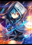  1girl blue_hair blurry blurry_background capelet claws closed_mouth cowboy_shot cube dated eyebrows_visible_through_hair gia highres hood hood_up hooded_capelet leotard looking_at_viewer mechanical_arms orange_eyes original short_hair signature solo 