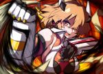  1girl blonde_hair breasts chipa_(arutana) eyebrows_visible_through_hair hair_over_one_eye medium_breasts motion_lines orange_background orange_eyes orange_hair senki_zesshou_symphogear short_hair solo tachibana_hibiki_(symphogear) upper_body 