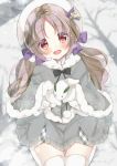  1girl akuma_no_yasashi-sa arms_up blue_ribbon blush breath capelet day fur_trim hair_ribbon hat head_tilt holding light_brown_hair looking_at_viewer low_twintails mittens open_mouth original outdoors over-kneehighs red_eyes ribbon seiza shadow sitting sitting_on_ground snow snow_bunny snowflake_print snowing solo thigh-highs twintails white_hat white_legwear white_mittens winter 