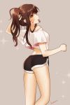  1girl absurdres ass atobesakunolove blush boyshorts brown_eyes brown_hair contrapposto d.va_(overwatch) facial_mark from_behind grey_background hair_tie_in_mouth hand_up highres looking_at_viewer looking_back mouth_hold overwatch shirt short_sleeves signature solo sparkle standing tying_hair white_shirt 