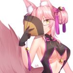  1girl animal_ear_fluff animal_ears bangs bare_shoulders black_dress black_gloves blush breasts brown_eyes closed_mouth commentary_request double_bun dress eyebrows_visible_through_hair fan fate/grand_order fate_(series) folding_fan fox_ears fox_girl fox_tail glasses gloves gogatsu_fukuin hair_between_eyes hair_ribbon hand_up head_tilt highres holding holding_fan large_breasts long_hair pink_hair pink_ribbon ribbon side_bun simple_background sleeveless sleeveless_dress smile solo tail tail_raised tamamo_(assassin)_(fate) tamamo_(fate)_(all) tamamo_no_mae_(fate) under_boob white_background 