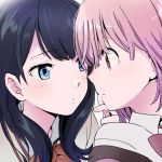  2girls bangs black_hair blue_eyes blush bow bowtie close-up collared_shirt commentary_request face-to-face finger_to_another&#039;s_mouth long_hair looking_at_another multiple_girls niina_ryou pink_hair red_eyes red_neckwear shinjou_akane shirt short_hair ssss.gridman takarada_rikka yuri 