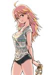  1girl absurdres ahoge antenna_hair arad_baranga arms_behind_back blonde_hair green_eyes highres holding hoshii_miki idolmaster idolmaster_(classic) long_hair looking_at_viewer sandals_removed shirt shoes short_shorts short_sleeves shorts smile striped striped_shirt t-shirt thighs 