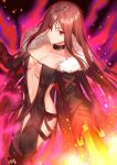 1girl bangs black_choker black_dress breasts brown_hair character_request choker cleavage closed_mouth collarbone commentary_request dress eyebrows_visible_through_hair fate/grand_order fate_(series) fire fur-trimmed_jacket fur_trim gogatsu_fukuin hair_between_eyes highres holding holding_sword holding_weapon jacket long_hair long_sleeves looking_at_viewer medium_breasts navel open_clothes open_jacket red_eyes signature sleeves_past_fingers sleeves_past_wrists smile solo sword very_long_hair weapon 
