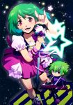  1boy 1girl \m/ ahoge brera_sterne brother_and_sister cero_(cerocero) chibi chibi_inset dress green_hair highres macross macross_frontier microphone nail_polish open_mouth pink_eyes pink_nails puffy_short_sleeves puffy_sleeves ranka_lee red_eyes ribbon short_hair short_sleeves siblings smile star 