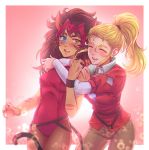  2girls adora animal_ears artist_name bangs belt black_belt black_nails blonde_hair blue_eyes blurry blurry_background blush brown_pants catra closed_eyes dark_skin eyebrows_visible_through_hair fangs fingernails freckles frown hair_pulled_back hair_tie headdress heterochromia highres hug hug_from_behind jacket leaning_forward leonardo_ribeiro leotard long_hair long_sleeves looking_at_viewer multiple_girls nail_polish open_mouth outside_border pants ponytail red_jacket red_leotard sharp_fingernails she-ra_and_princesses_of_power shirt short_over_long_sleeves short_sleeves signature smile standing tail thighs uniform white_shirt wristband yellow_background 