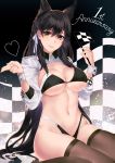  1girl absurdres amami_(amami07) animal_ears anniversary atago_(azur_lane) azur_lane bikini black_hair breasts brown_eyes brown_legwear checkered checkered_background commentary_request extra_ears feet_out_of_frame high_heels highleg highleg_bikini highleg_swimsuit highres huge_filesize large_breasts looking_at_viewer mole mole_under_eye racequeen shrug_(clothing) sitting solo swimsuit thigh-highs two-tone_bikini umbrella wariza white_footwear wolf_ears wrist_cuffs 