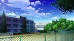  absurdres basketball_court blue_sky branch chain-link_fence clouds day fence highres mitsu_ura no_humans original outdoors pine_tree scenery school sky soccer_field tree 