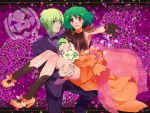  1boy 1girl ahoge ai-kun alternate_costume black_gloves bow bowtie brera_sterne brother_and_sister carrying cero_(cerocero) cleavage_cutout dress flower formal gloves green_hair high_heels highres looking_at_viewer macross macross_frontier nail_polish official_style open_mouth orange_dress outstretched_arm princess_carry ranka_lee red_eyes see-through short_hair siblings smile sparkle tuxedo 