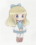  1girl ahoge apron ayu_(mog) black_border blonde_hair blue_bow blue_dress blue_eyes blush boots border bow brown_footwear chibi dress full_body grey_background hair_bow long_sleeves original pantyhose parted_lips signature simple_background solo white_apron white_legwear 