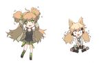  2girls :3 ahoge animal_ears bangs black_dress blonde_hair brown_hair cat_ears chibi collared_shirt d: dress eyebrows_visible_through_hair ganesagi girls_frontline gloves green_eyes green_neckwear headphones idw_(girls_frontline) indian_style long_hair looking_at_viewer microphone multiple_girls necktie open_mouth paint_splatter rfb_(girls_frontline) sanpaku shirt short_dress short_sleeves simple_background sitting slit_pupils socks twintails white_background white_shirt wing_collar 