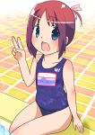  1girl amamiya_manami blue_eyes commentary_request gakuen_utopia_manabi_straight! open_mouth pool poolside redhead school_swimsuit solo swimsuit thighs v water zatunako15 