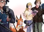  2boys 2girls :d animal_ears blonde_hair book bow brown_dress brown_eyes brown_hair brown_shirt commentary_request doitsuken dress fox_ears fox_tail glasses grey_pants grin hair_bow headphones holding holding_book microphone multiple_boys multiple_girls music neck_ribbon one_eye_closed open_mouth orange_hair orange_neckwear orange_ribbon original pants ponytail pop_filter red_bow red_eyes ribbon shirt short_sleeves singing slit_pupils smile standing tail yellow_eyes yellow_shirt 