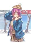  1girl absurdres breasts dated eyebrows_visible_through_hair fate/grand_order fate_(series) glasses hair_over_one_eye highres jacket large_breasts mash_kyrielight pink_hair ribbed_sweater short_hair signature smile snow solo sweater 