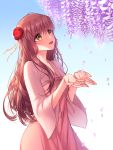  1girl :d blue_background brown_eyes brown_hair dress flower gradient gradient_background hair_flower hair_ornament highres hsmoji looking_up open_mouth original petals pink_dress purple_flower red_flower simple_background smile solo standing white_background wide_sleeves wisteria 