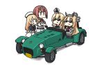  4girls ark_royal_(kantai_collection) bangs black_neckwear blonde_hair blue_eyes blue_sailor_collar blunt_bangs bob_cut braid car cleavage_cutout commentary_request crossed_arms crown dress eyewear_on_head flower french_braid full_body gloves grey_eyes ground_vehicle hairband hamu_koutarou hat headgear highres jervis_(kantai_collection) kantai_collection long_hair long_sleeves military military_uniform mini_crown motor_vehicle multiple_girls neckerchief nelson_(kantai_collection) off-shoulder_dress off_shoulder red_flower red_ribbon red_rose redhead ribbon riding rose sailor_collar sailor_dress sailor_hat short_hair short_sleeves simple_background tiara uniform warspite_(kantai_collection) white_background white_dress white_gloves white_hat 