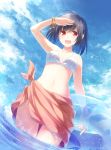  1girl :d ahoge armpits bangle bangs bare_arms bare_shoulders black_hair blue_sky bracelet breasts clouds cloudy_sky collarbone condensation_trail day eyebrows_visible_through_hair fang front-tie_bikini front-tie_top hand_up highres innertube jewelry leyte looking_at_viewer medium_breasts navel open_mouth outdoors pointy_ears red_eyes sarong shameimaru_aya short_hair sidelocks sky smile solo standing sunlight touhou transparent upper_teeth wading water white_bikini_top 