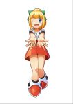 1girl bangs blonde_hair blue_eyes blunt_bangs blush bow child dress eyebrows_visible_through_hair full_body hair_bow hair_ornament hi-go! long_hair looking_at_viewer one_eye_closed open_hands open_mouth ponytail red_dress red_footwear ribbon rockman rockman_(classic) rockman_11 roll shoes simple_background smile solo 