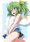  1girl alternate_costume bare_arms bare_legs bare_shoulders barefoot blue_background blue_eyes blue_skirt blush breasts clothes_tug covered_nipples daiyousei embarrassed fairy_wings green_hair hair_between_eyes hair_ribbon highres large_breasts leg_lift long_hair miniskirt no_bra nori_tamago nose_blush open_mouth ribbon side_ponytail skirt solo tank_top touhou two-tone_background white_background white_tank_top wings yellow_ribbon 