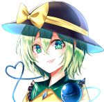  1girl bangs black_hat bow commentary_request frilled_shirt_collar frills green_eyes green_hair grin hair_between_eyes hat hat_bow heart heart_of_string koissa komeiji_koishi looking_at_viewer portrait sharp_teeth shirt short_hair simple_background smile solo teeth third_eye touhou white_background yellow_bow yellow_shirt 