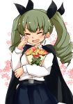 1girl anchovy anzio_school_uniform bangs barashiya belt black_belt black_cape black_skirt bouquet cape closed_eyes commentary dress_shirt drill_hair eyebrows_visible_through_hair facing_viewer floral_background flower girls_und_panzer green_hair highres holding holding_bouquet light_blush long_hair long_sleeves miniskirt open_mouth pleated_skirt school_uniform shirt skirt smile solo standing tearing_up tears twin_drills twintails upper_body white_background white_shirt wiping_tears 