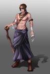  1boy abs absurdres arm_belt bandage blindfold brown_footwear brown_hair facing_viewer full_body grey_background highres male_focus muscle nani_(goodrich) navel shadow solo standing walking_stick 