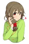  1girl bangs blazer braid brown_hair eyebrows_visible_through_hair green_jacket hair_ornament hair_over_shoulder hair_scrunchie hand_in_hair heart idolmaster idolmaster_cinderella_girls jacket lips long_hair long_sleeves looking_at_viewer looking_to_the_side omaru_gyuunyuu red_eyes scrunchie senkawa_chihiro simple_background single_braid solo upper_body white_background 