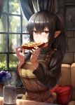  1girl bangs black_hair black_sweater blush breasts brown_eyes closed_mouth couch cup curtains cushion eating flower food hair_between_eyes hair_ornament highres large_breasts lighting lolicept long_hair long_sleeves looking_at_viewer mug pizza pointy_ears sitting skull_hair_ornament solo sweater turtleneck turtleneck_sweater window 