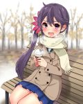  1girl absurdres akebono_(kantai_collection) autumn autumn_leaves bell bench blue_skirt blurry brown_coat coat coffee_cup commentary_request cup depth_of_field disposable_cup flower flying_sweatdrops hair_bell hair_between_eyes hair_flower hair_ornament highres jingle_bell kantai_collection kneehighs long_hair looking_at_viewer miniskirt open_mouth outdoors pink_lips pleated_skirt purple_hair sarfata scarf school_uniform serafuku side_ponytail sitting skirt steam very_long_hair violet_eyes wavy_mouth white_scarf 