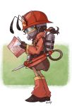  ant antennae boots brown_hair bug canister fire_helmet fireman gas_mask gloves hat helmet insect insect_girl magazine mask no_pants original ponytail reading sachy_(sachichy) solo standing tagme 
